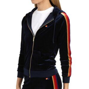 Aviator Nation Navy Velvet Zip Hoodie w/ Rainbow Stripes – Women’s Medium